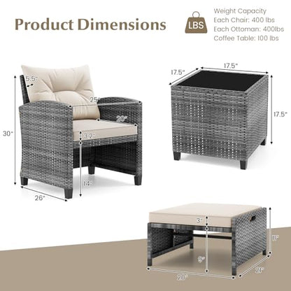 Tangkula 5 Pieces Patio Conversation Set, PE Wicker Rattan Outdoor Furniture Set with 2 Chairs, 2 Ottomans & Tempered Glass Coffee Table, Ideal for Poolside, Backyard, Lawn, Deck, Mix Grey & Off White - color: Mix Grey & Off White