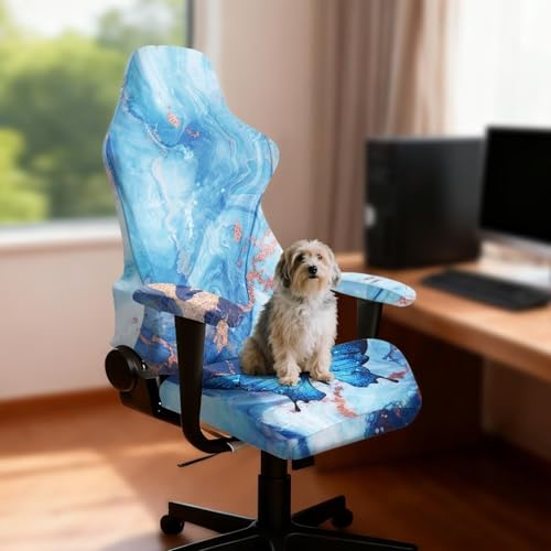 Suobstales Blue Butterfly Marble Print Gaming Chair Cover, Stretchable Computer Office Chair Cover for Armchair, Swivel Chairs, Computer Boss Chair, Removable Chair Slipcovers with Armrest Cover - color: Blue Butterfly Marble