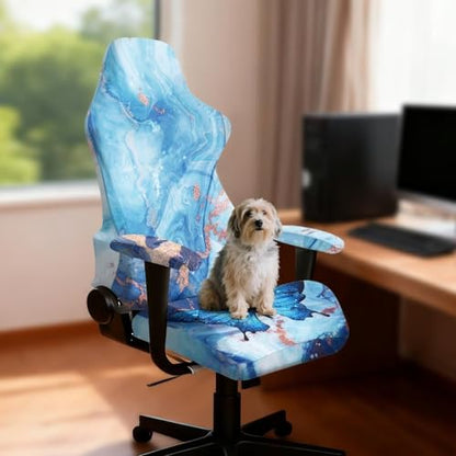 Suobstales Blue Butterfly Marble Print Gaming Chair Cover, Stretchable Computer Office Chair Cover for Armchair, Swivel Chairs, Computer Boss Chair, Removable Chair Slipcovers with Armrest Cover - color: Blue Butterfly Marble