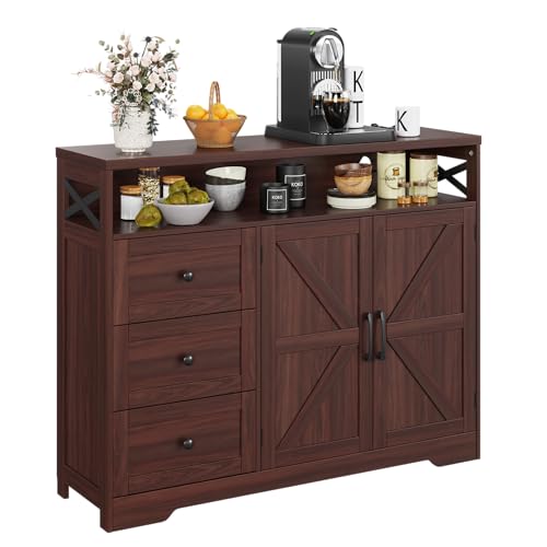 Befrases Dark Brown Farmhouse Storage Cabinet with Doors & Drawers, Sideboard Buffet Cabinet with Storage, Kitchen Pantry Hutch, Coffee Bar Station Table for Kitchen, Livingroom, Dining Room - color: Dark Brown