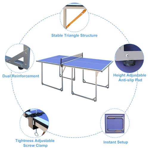 Foldable Table Tennis Table, Mid-Size 6' x 3' Table Tennis Table with 2 Paddles, Game Net and 3 Balls, Compact for Space Saver, Portable Junior Teenagers Ping Pong Table Blue