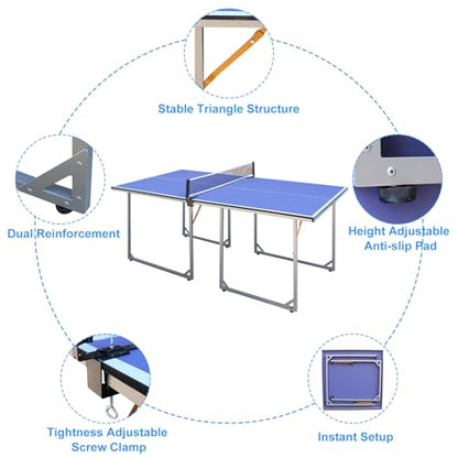 Foldable Table Tennis Table, Mid-Size 6' x 3' Table Tennis Table with 2 Paddles, Game Net and 3 Balls, Compact for Space Saver, Portable Junior Teenagers Ping Pong Table Blue