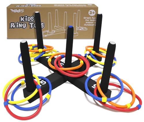 Ring Toss Game Indoor & Outdoor Game for Family and Adults with 5 Poles, 2 Bases and 16 Rings in 4 Colors, Soft Foam Toy Backyard Ring Toss Fun