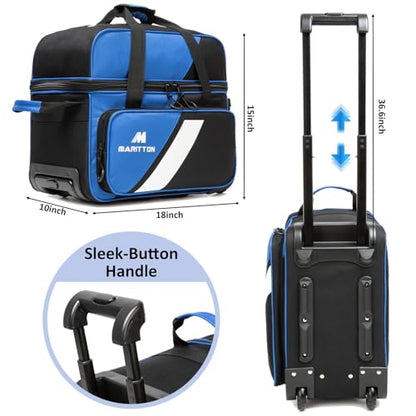 Bowling Bag with Wheels Double Roller 2 Ball Bowling Separate Shoe Compartment and Oversized Accessory Pocket, 36.6" Extendable Handle. - color: BLUE