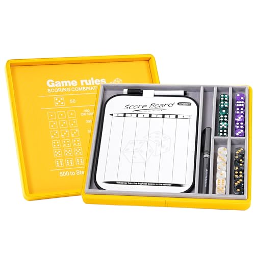 Dice Tray and Storage Case for Farkle Game - Includes Embedded Scoring Combinations, 4 Sets of 6 Pearl Dice, 50 Sheet Score Pad and Pen Holder for The Classic Family Game - Yellow and Grey - color: Yellow and Grey