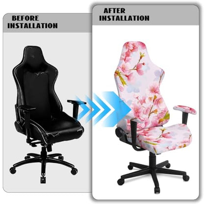 Suobstales Cherry Blossom Pattern Gaming Chair Cover, Stretchy 4pc/Set Ergonomic Office Computer Game Chair Slipcovers with Armrest Covers/Back Covers/Seat Cover for Reclining Racing Gaming Chair - color: Cherry Blossom