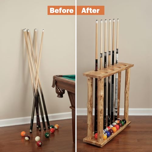 Rush Creek Creations Rustic Pine Billiard Pool Cue Rack for up to 6 Cues and 16 Billiard Balls, Floor Standing Pool Stick Holder with Cup Holders