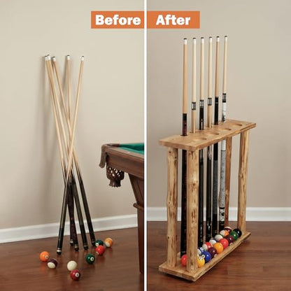 Rush Creek Creations Rustic Pine Billiard Pool Cue Rack for up to 6 Cues and 16 Billiard Balls, Floor Standing Pool Stick Holder with Cup Holders