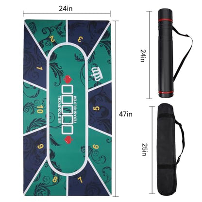 Poker Mat for 10 Players, 47x24 Inch Texas Hold’em Poker Table Mat with Non-Slip Rubber Backing, Waterproof Table Topper, Includes PE Storage Tube & Carry Bag