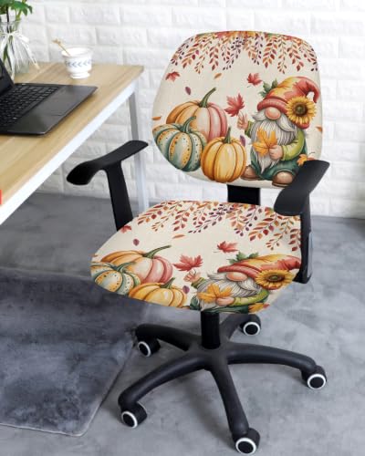 Savannan Office Chair Cover, Thanksgiving Pumpkin Gnome Fall Maple Leaves Protective Stretch Elastic Universal Cover for Desk Task Chair,Computer Rotating Chair 1 Pcs Retro Linen