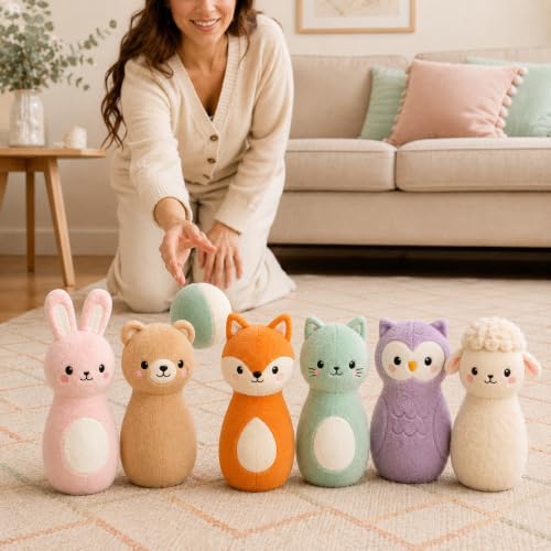 Juju Soft Bowling Set Six Animal Pins – Velour Bunny Bear Fox Cat Owl and Lamb with Weighted Bases – Soft Fabric Ball and Drawstring Storage Pouch – Indoor Active Set