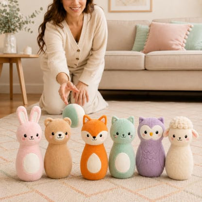 Juju Soft Bowling Set Six Animal Pins – Velour Bunny Bear Fox Cat Owl and Lamb with Weighted Bases – Soft Fabric Ball and Drawstring Storage Pouch – Indoor Active Set