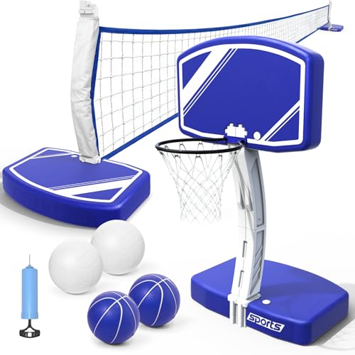 Pool Basketball Hoop&Pool Volleyball Net 2 in 1,Pool Toys Basketball Game with Weighted Base&Stand,2 Water Volleyball&2 Basketball and Pump,Summer Outdoor Family Party Pool Games for Kids Adults - size: basketball hoop