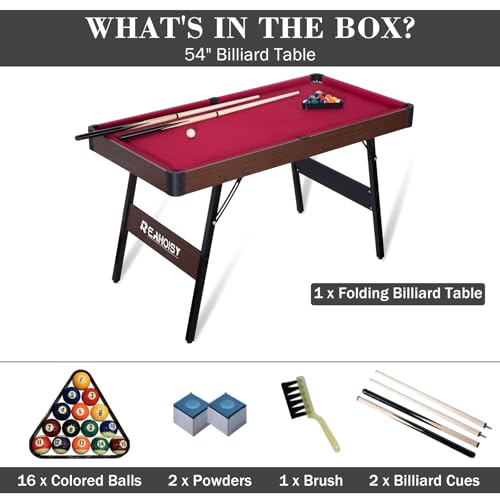 Folding Pool Table, Portable Billiard Game Tables for Kids and Adults, Mini Pool Table with Locking Legs, Adjustable Feet, Balls, Cues, Triangle, Chalk, Brush - color: 54-inch/Red
