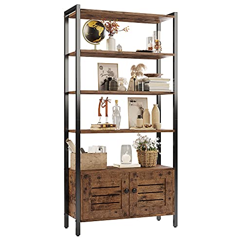 IRONCK Bookshelf and Bookcase with Two Louvered Doors and Four Shelves, 27.6" Wide Standing Storage Cabinet for Living Room, Home Office, Bedroom, Washroom, Vintage Brown