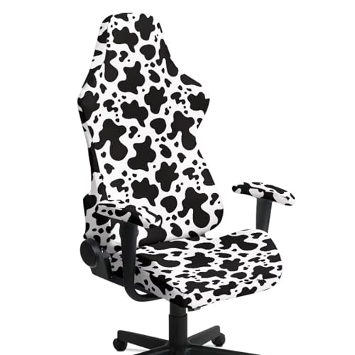 Gaming Chair Cover with Armrest Covers, Anti-Scratch Elastic Spandex Gamer Seat Slipcover Protector for Office Racing Style Gaming Desk Chair, Cow Print - color: Cow Print