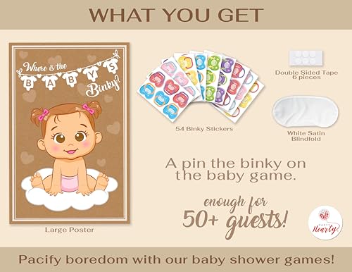 Party Hearty Pin the Pacifier on the Baby, Baby Shower Game - Kraft Girl | 1 Large Poster, 56 Colorful Binky Stickers, 1 Blindfold & Double-Sided Tape - color: Girl Kraft - Pin the Binky