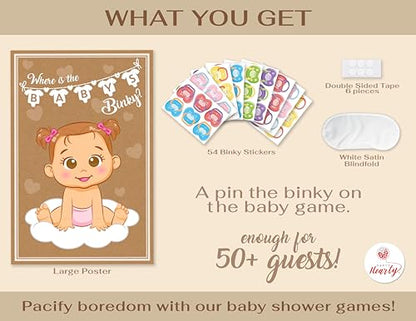 Party Hearty Pin the Pacifier on the Baby, Baby Shower Game - Kraft Girl | 1 Large Poster, 56 Colorful Binky Stickers, 1 Blindfold & Double-Sided Tape - color: Girl Kraft - Pin the Binky