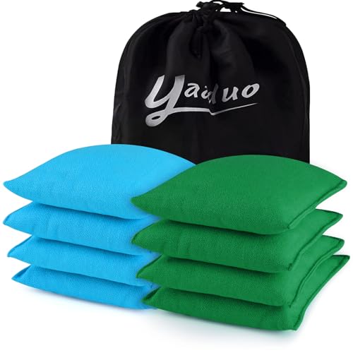 Set of 8 Regulation Cornhole Bags Double Sided, Weather Resistant Bean Bags for Cornhole Toss Game, Corn Hole Beans Bags with Tote Bag - color: Blue/Green
