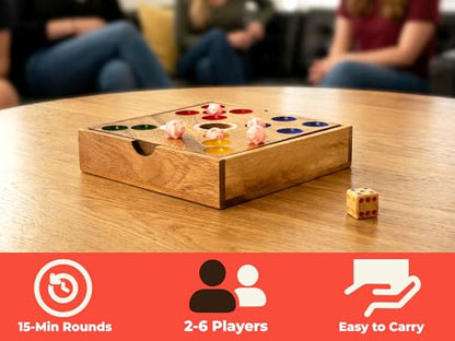 Row & Round Wooden Pig Hole Boardgame – Classic Wood Game for Party Gathering Tabletop Dice Games with Solid Board with PLA Satin 60 Piggies for Table or Outdoor & Indoor 7.28x7.28x1.57 Inch