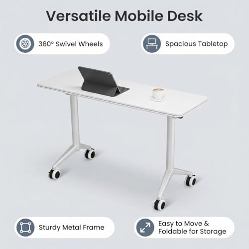 Folding Conference Table with Wheels, Mobile Flip-Top Training Table, Modular Space-Saving Meeting Table for Office, Classroom, Seminar, Library (10, White, 55IN) - color: White, size: 55IN