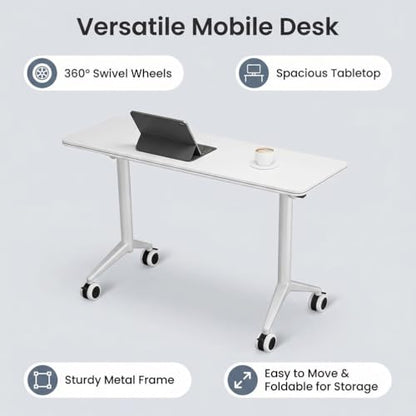 Folding Conference Table with Wheels, Mobile Flip-Top Training Table, Modular Space-Saving Meeting Table for Office, Classroom, Seminar, Library (10, White, 55IN) - color: White, size: 55IN