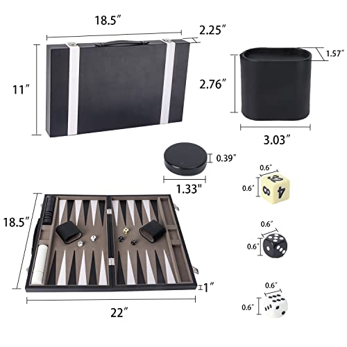 GSE Premium Leather Backgammon Board Game Set, Black&Grey, Large | Premium Leather, Travel Folding Board, Classic Game Set, Leather Case Included - color: Leather-black&grey, size: Large