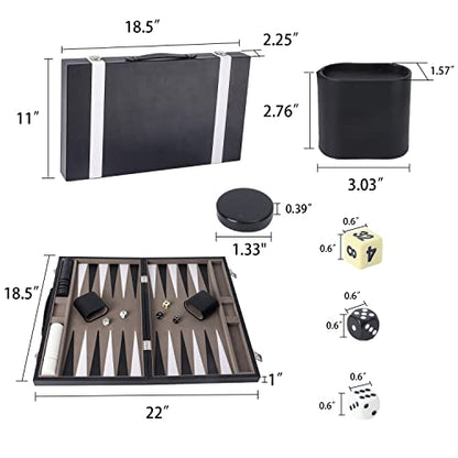 GSE Premium Leather Backgammon Board Game Set, Black&Grey, Large | Premium Leather, Travel Folding Board, Classic Game Set, Leather Case Included - color: Leather-black&grey, size: Large