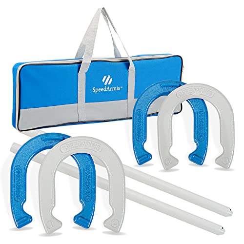 SpeedArmis Horseshoes Outside Game Set - Universal Size Lawn Horseshoes Outdoor Games for Parties Beach Backyard, Includes 4 Horseshoes, 2 Steel Stakes and Durable Carrying Bag - color: Blue and White