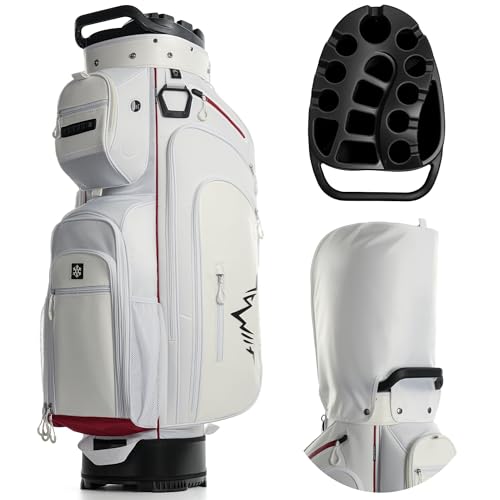 uniHimal T-Lock Golf Cart Bag with Quiet 14-Way Full-Length Divider Top | Golf Bag for Men with Magnetic Pocket, Cooler Pocket, Handle and Rain Cover - color: Pearl White