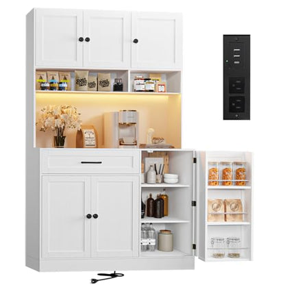 FJTJBSI 72" Kitchen Pantry Cabinet with LED Light and Charging Station Tall Pantry Storage Cabinet with Adjustable Shelves and Door Shelves Modern Kitchen Hutch with Microwave Stand and Countertop - color: White