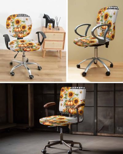 Savannan Office Chair Cover, Farm Fall Sunflower Pumpkin Leaves Protective Stretch Elastic Universal Cover for Desk Task Chair,Computer Rotating Chair 1 Pcs Retro Wood Board Buffalo