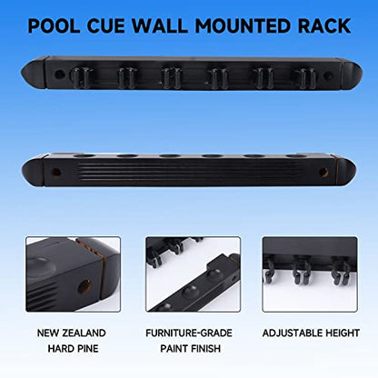 GSE Games & Sports Expert 2-Piece 6/8/12 Billiard Pool Cue Rack Wall Mounted Holders, Billiard Cue Sticks Wall Rack Set - style: 6 Cue - Black