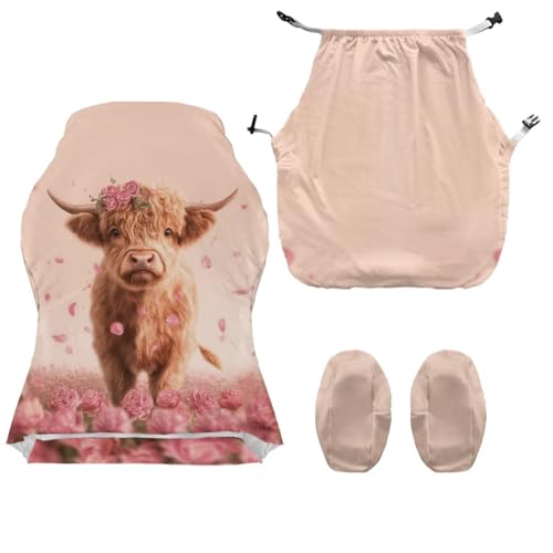 Suobstales Highland Cattle Rose Pattern Gaming Chair Covers with Armrest Cover, Stretch Washable Computer Gaming Chair Slipcovers for Armchair, Swivel, Computer Boss Chair - color: Highland Cattle Rose