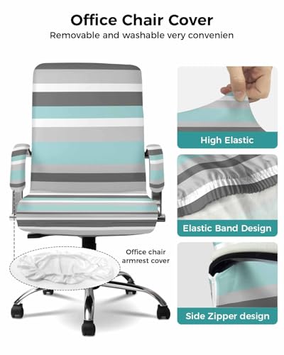 Geometric Stripes Office Chair Cover with Armrest Covers, Grey Turquoise Universal Stretch Desk Rotating Chair Slipcovers, Removable Seat Protector with Zipper, L - color: Blue, size: Large & 2PCS Armrest Covers