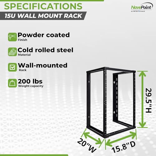 NavePoint 15U Wall Mount Rack - Server Rack for 19 Inch IT Equipment Open Frame Rack – Network Rack for AV & Server Equipment 16” Deep Rack, Black - size: 15U