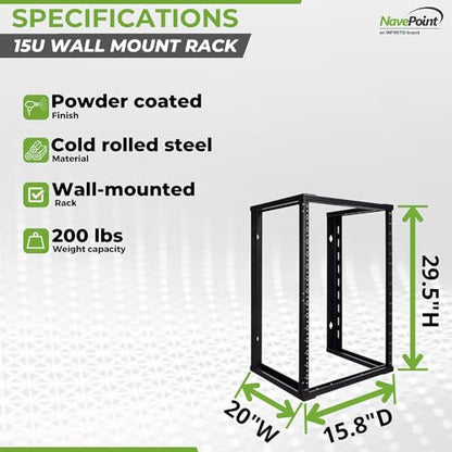 NavePoint 15U Wall Mount Rack - Server Rack for 19 Inch IT Equipment Open Frame Rack – Network Rack for AV & Server Equipment 16” Deep Rack, Black - size: 15U