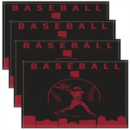 Erosebridal Baseball Place Mat Set of 4 Softball Placement Mats Sports Games Placemats Athlete City Silhouette Table Mats for Kitchen Dining Table, Black Red - color: Black Red