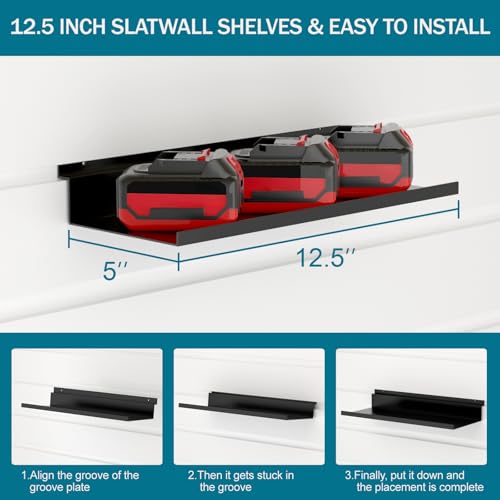 6 Pack 12.5 Inch X 5 Inch Metal Slatwall Shelves,Slat Wall Hanging Shelf Accessories, Heavy Duty Slatwall Shelf for Garage, Retail, Home Storage (Black, 12.5x5, 6)