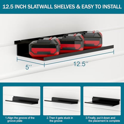 6 Pack 12.5 Inch X 5 Inch Metal Slatwall Shelves,Slat Wall Hanging Shelf Accessories, Heavy Duty Slatwall Shelf for Garage, Retail, Home Storage (Black, 12.5x5, 6)