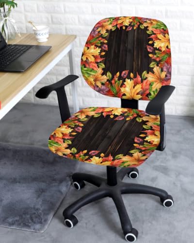 Savannan Office Chair Cover, Fall Watercolor Maple Leaves Protective Stretch Elastic Universal Cover for Desk Task Chair,Computer Rotating Chair 1 Pcs Thanksgiving Plant on Dark Wood