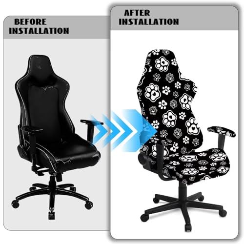 Dog Paw Print Gaming Chair Covers Slipcovers Computer & Gaming Chair Slipcover with 2 Armrest Covers Dust-Proof Machine Washable Home Decorations - color: Black and White - Dog Paw
