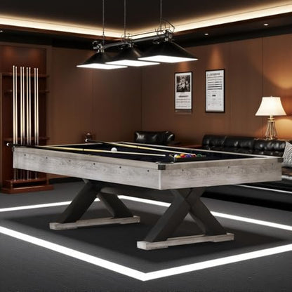 84" Rustic Grey Pool Table with X-Shaped Legs and Black Cloth – Includes Billiard Balls, Cues, and Accessories for Game Room & Home Entertainment (Grey Finish)