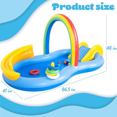 Inflatable Swimming Pool with Water Slide, Inflatable Play Center with Spray Water, Toss Ring, Ball for Outdoor Backyard Garden Water Park - size: 86.5"