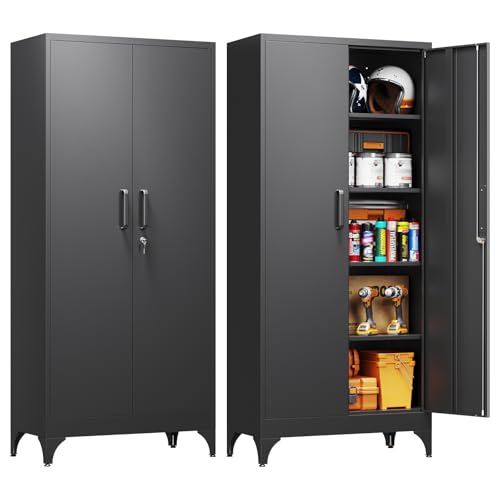 Yizosh Metal Garage Storage Cabinet with 2 Doors and 4 Adjustable Shelves - 71" Steel Lockable File Cabinet,Locking Tool Cabinets for Home,Office,Garage,Gym,School - color: Black, size: 71"H x 32"W x 16"D-C