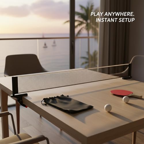 Retractable Table Tennis Net Set, Portable Nylon Ping Pong Net for Flat Surfaces, Damage-Free Setup - color: Black