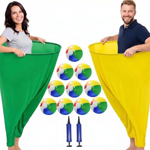 14Pcs Granny Pants Yard Game Set, 2 Oversized Granny Pants with 10 Bouncy Balls & 2 Pumps for Adults & Kids, Outdoor Tossing Game for Family Carnival Easter Party Reunion Field Day Backyard Gatherings - color: yellow+green