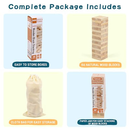 54PCS Classic Block Stacking Board Game Wooden Blocks Stacking Games for Kids and Families Tumbling Tower Blocks Game for Kids and Adults with Storage Bag
