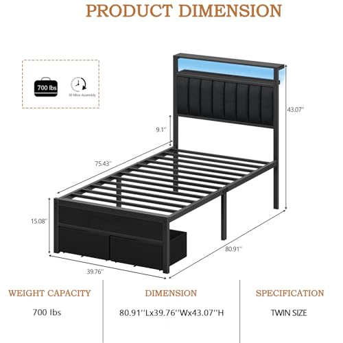 Furnulem Twin Bed Frames with Charging Station and LED Lights, Grey Upholstered Headboard with Shelves, Metal Platform Bed with 2 Under-Bed Storage (Fabric Drawer on Wheels), No Box Spring Needed - size: Twin
