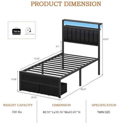Furnulem Twin Bed Frames with Charging Station and LED Lights, Grey Upholstered Headboard with Shelves, Metal Platform Bed with 2 Under-Bed Storage (Fabric Drawer on Wheels), No Box Spring Needed - size: Twin